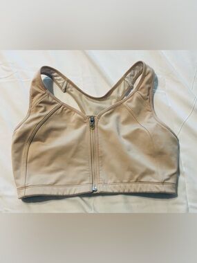 Moving Comfort Sports Bra 36DD Beige Front Zip Racerback High Impact Workout Bra